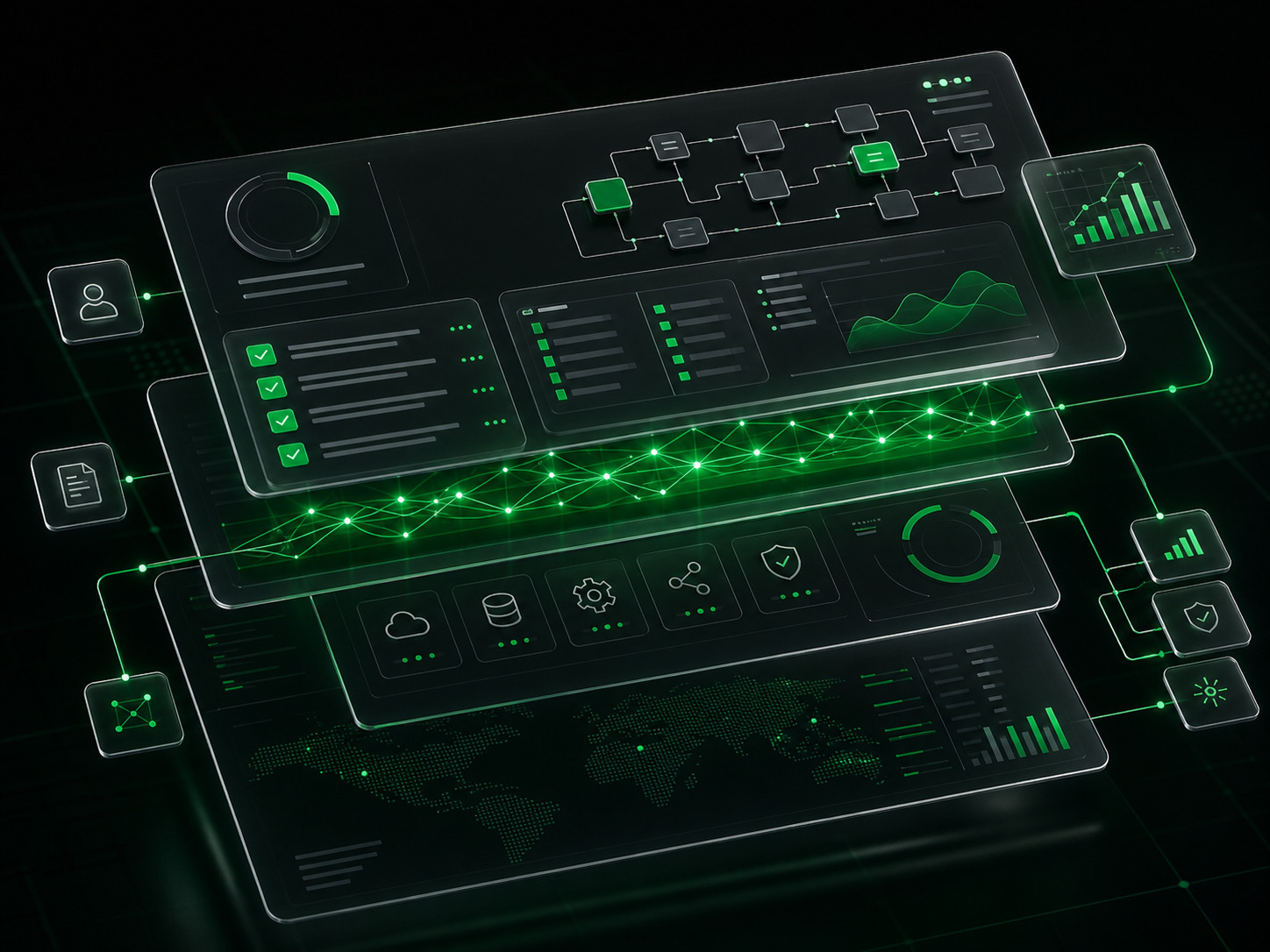 A floating green and white AI workflow review interface with checklists, system paths, and analysis panels.