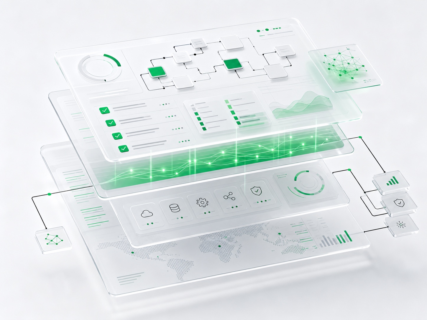 A floating green and white AI workflow review interface with checklists, system paths, and analysis panels.