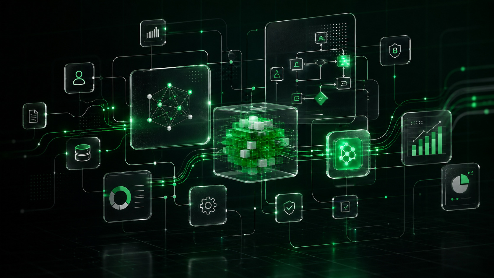 An abstract AI business operating system with translucent panels, green data paths, and connected workflow blocks.