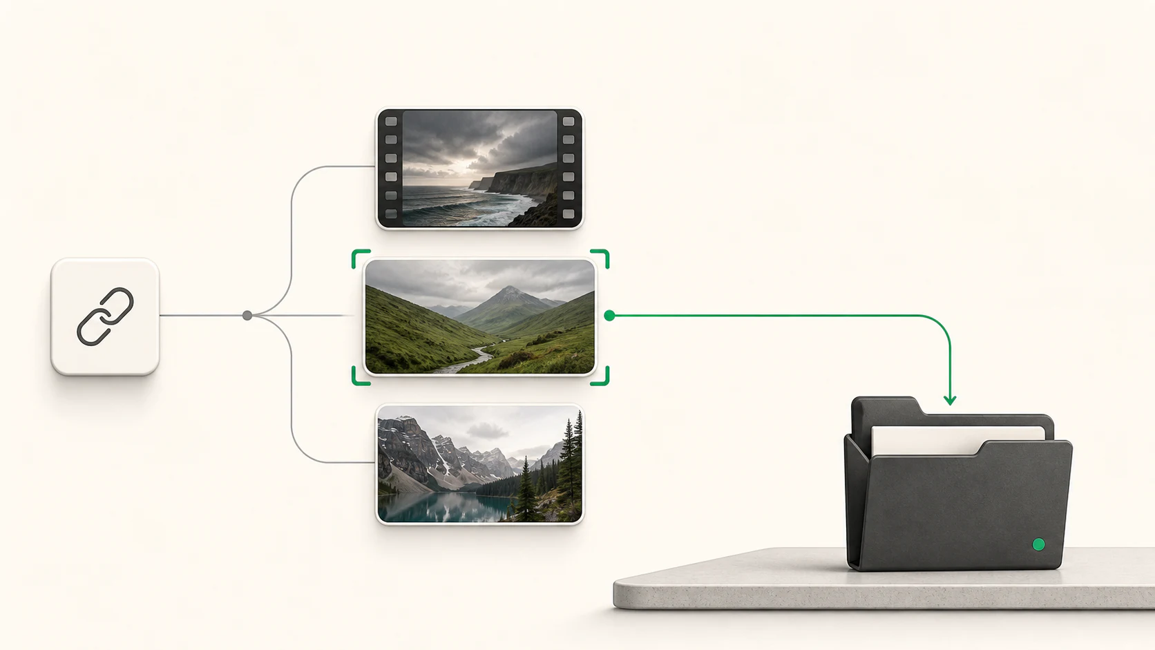 A public link branching into media choices before one file is saved locally.