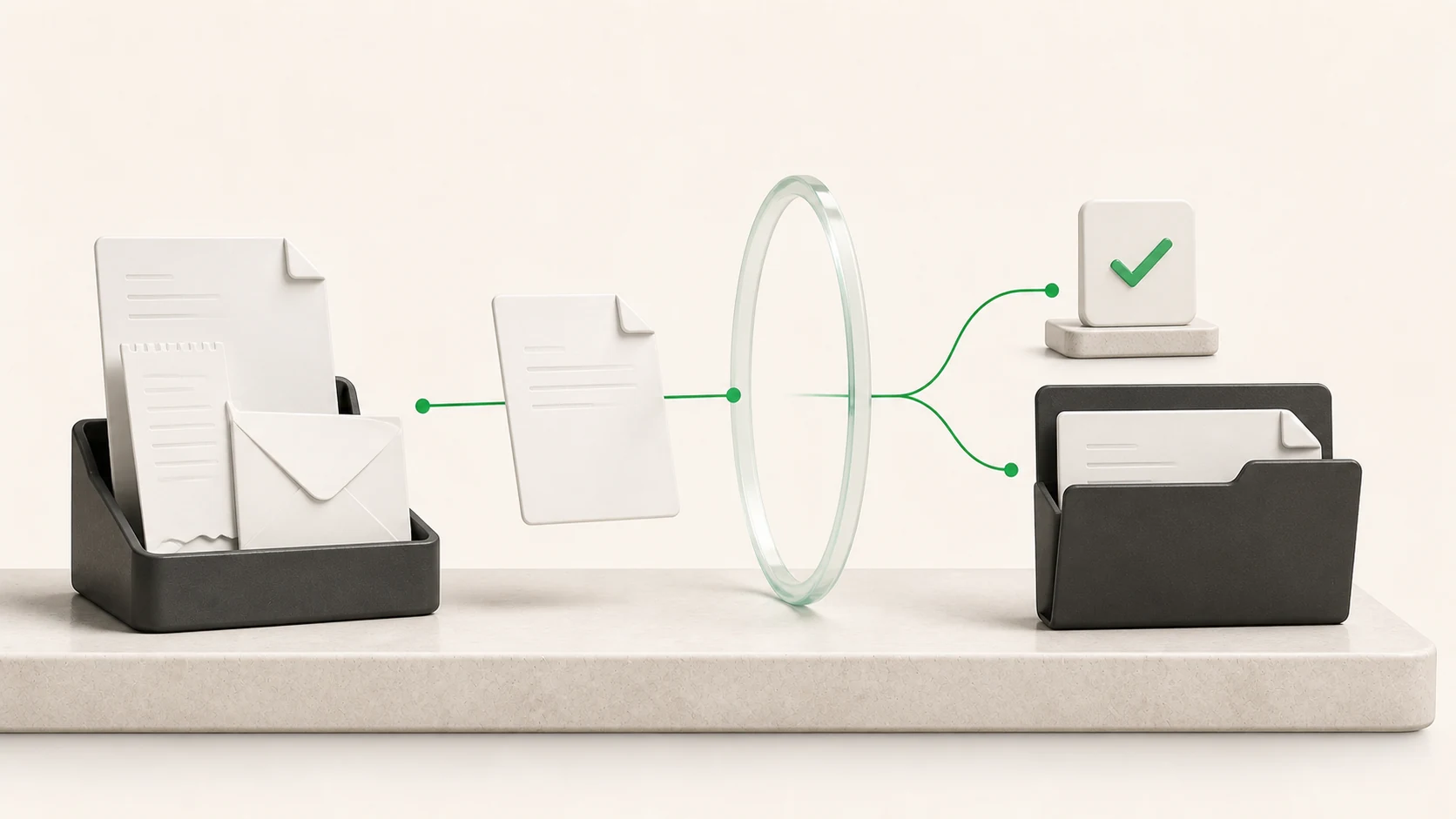 Paperwork moving from an inbox through a review checkpoint into a clear action and an organized folder.